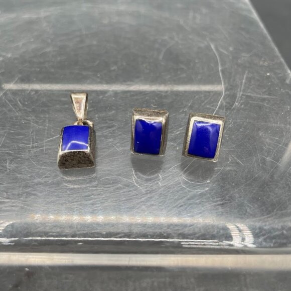 Sterling Silver and Lapis Lazuli Earring and Pendant Set Mexico .925 Rectangle - Picture 1 of 8